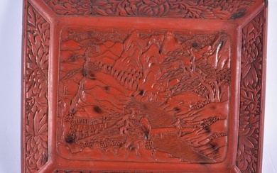 A 19TH CENTURY CHINESE CARVED CINNABAR LACQUER RECTANGULAR DISH Qing. 18cm x 16 cm.