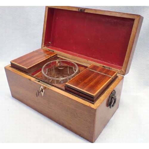 A 19TH CENTURY MAHOGANY TEA CADDY, WITH FITTED INTERIOR glas...