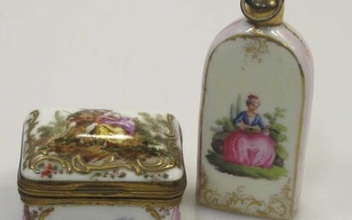 A 19th century porcelain scent bottle, 6.5cm; and a 'Dresden' pill box painted with a young couple