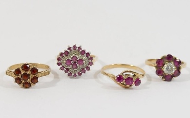 A 9 carat gold ruby and diamond cluster ring, and three othe...