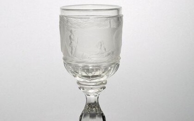 A Bohemian glass goblet dated 1845, the thick bowl deeply...