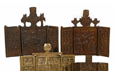 A Brass Miniature Folding Icon, with others.