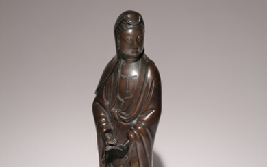 A CHINESE SILVER-INLAID BRONZE FIGURE OF GUANYIN