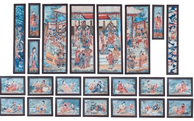 A Chinese Canton twenty-three-piece reversed glass painting set, late Qing dynasty, Total dimension about 95 x 135 cm