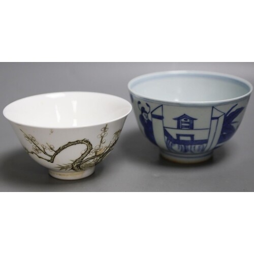 A Chinese blue and white figural bowl and another prunus dec...