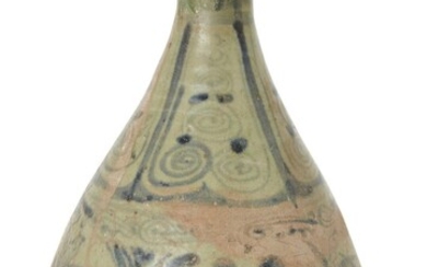 A Chinese blue and white pottery vase, yuhuchunping, Ming dynasty, painted with flowering lotus sprays to the bulbous body and stylised scrolls to the neck, 24.5cm high 明 青花繪玉壺春