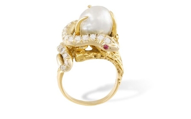 A DIAMOND, PEARL, RUBY AND EMERALD COCKTAIL RING, CIRCA 1960...