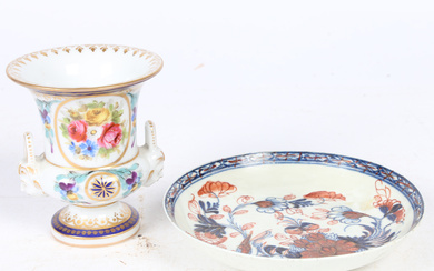 A DRESDEN PORCELAIN MINIATURE VASE AND AN 18TH CENTURY LOWESTOFT TYPE SAUCER DISH (2).