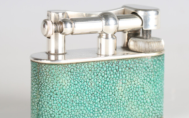 A Dunhill silver plated and shagreen table lighter, patent design No. 737418, width 8.5cm.