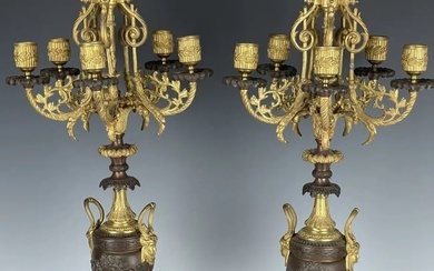 A FINE PAIR OF 19TH C. ROUGE MARBLE AND BRONZE CANDELABRA