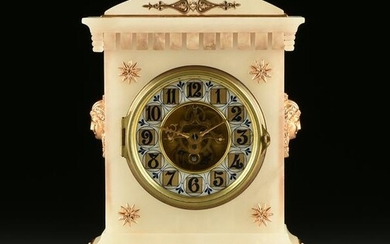 A FRENCH GILT METAL MOUNTED ALABASTER MANTLE CLOCK, BY