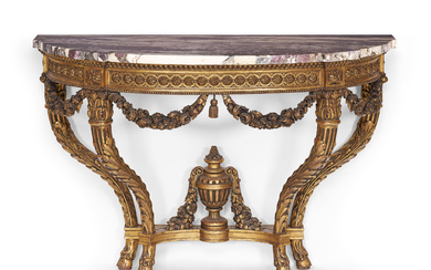 A FRENCH GILTWOOD CONSOLE TABLE WITH MARBLE TOP LATE 19TH/EARLY...