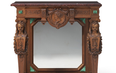 A FRENCH MALACHITE-INSET CARVED WALNUT CONSOLE TABLE BY HENRI-AUGUSTE FOURDINOIS,...