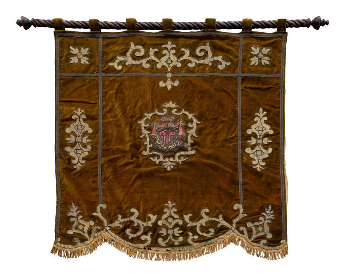 A French Embroidered Velvet Armorial Wall Hanging