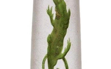 A Frosted glass vase decorated with lizards, First quarter 20th Century, The frosted body acid-etched in relief with three green lizards, heightened with gilt, with red at the neck and base, 32.5 cm high