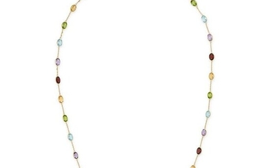 A GEMSET CHAIN NECKLACE in 18ct yellow gold, comprising a row of oval cut amethyst, peridot