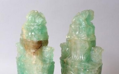 A GOOD PAIR OF CHINESE CARVED JADE LIDDED URNS, carved