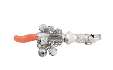 A George II unmarked silver and coral baby's rattle, probably London circa 1740