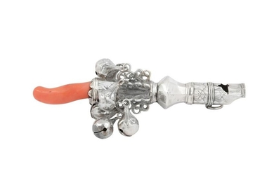 A George II unmarked silver and coral baby's rattle