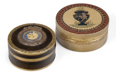 A George III lacquer and pique work snuff box, c.1780, the cover inset with an interlacing border centred by a classical urn, tortoiseshell lined, 6.2cm diameter; together with a gold-mounted lacquer snuff box, late 18th century, indistinct French...