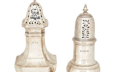 A George V silver sugar caster, London, 1919, Edward Barnard & Sons, of squared baluster form, 21cm high, together with a later silver caster of rounded baluster form, London, 1931, Vander & Hedges, 19.4cm high, total weight approx. 13.6oz (2)