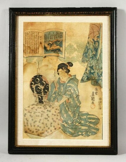 A JAPANESE WOODBLOCK PRINT, depicting a kneeling female
