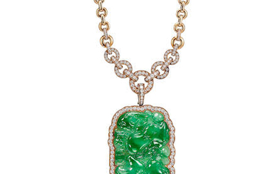 A Jadeite and Diamond Pendant Necklace,, Monture Cartier