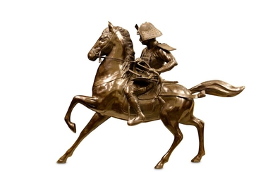 A LARGE LATE 19TH / EARLY 20TH CENTURY JAPANESE MEIJI PERIOD EQUESTRIAN BRONZE OF A SAMURAI
