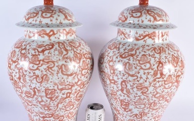 A LARGE PAIR OF CHINESE REPUBLICAN PERIOD ORANGE PORCELAIN VASES AND COVERS bearing Qianlong marks t