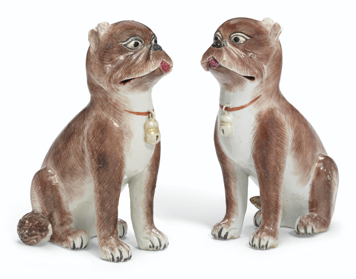 A LARGE PAIR OF SEATED SEPIA PUG DOGS, QIANLONG PERIOD (1736-1795)