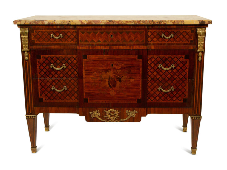 A Louis XVI Style Gilt Bronze Mounted Marquetry Marble-Top Commode