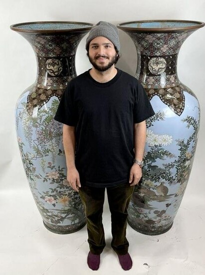 A MONUMENTAL PAIR OF JAPANESE CLOISONNE VASES