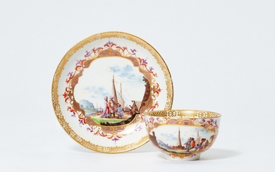 A Meissen porcelain cup and saucer with water landscapes