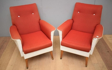 A PAIR OF 1960S RED AND WHITE LOUNGE CHAIRS (A/F) (81H x 76W x 85D CM) (LEONARD JOEL DELIVERY SIZE: LARGE)