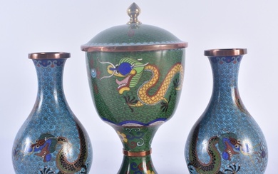 A PAIR OF 19TH CENTURY CHINESE CLOISONNE ENAMEL DRAGON VASES...