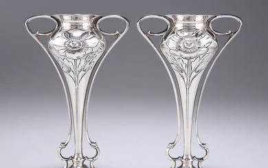 A PAIR OF ART NOUVEAU TWIN-HANDLED POSY VASES