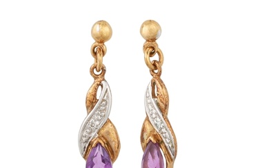 A PAIR OF DIAMOND AND AMETHYST DROP EARRINGS, mounted in whi...