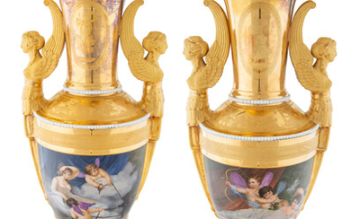 A PAIR OF ENGLISH TWO-HANDLED PORCELAIN VASES WITH MYTHOLOGICAL SCENES OF VENUS AFTER RICHARD WESTALL