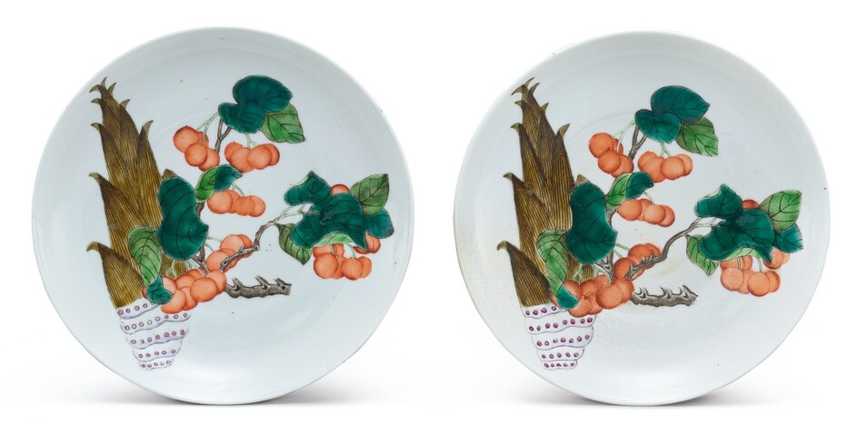 A PAIR OF FAMILLE-ROSE 'BAMBOO AND PLUM' DISHES MARKS AND PERIOD OF GUANGXU