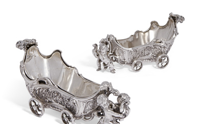 A PAIR OF FRENCH SILVER WINE CHARIOTS OR JARDINERES MARK...