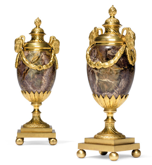 A PAIR OF GEORGE III ORMOLU-MOUNTED BLUE JOHN 'GOAT'S HEAD' CANDLE VASES