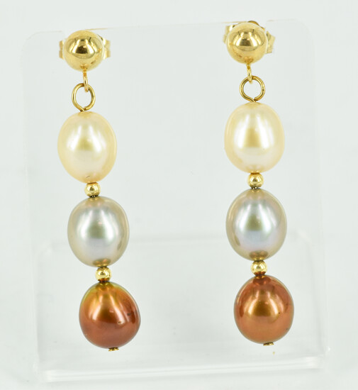 A PAIR OF PEARL AND 14CT GOLD DROP EARRINGS