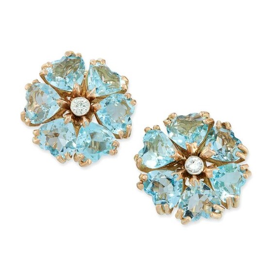 A PAIR OF VINTAGE AQUAMARINE AND DIAMOND EARRINGS in