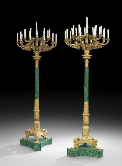 A PALATIAL PAIR OF DORE BRONZE & MALACHITE TORCHIERS