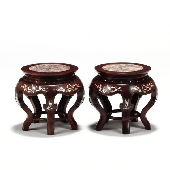 A Pair of Chinese Carved Wooden Stools with Mother-of-Pearl Inlay and Marble Tops