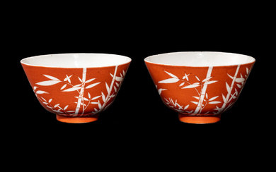 A Pair of Chinese Coral Red Ground Porcelain 'Bamboo' Tea Bowls