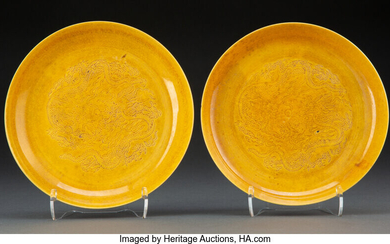 A Pair of Chinese Yellow Glazed Dragon Plates
