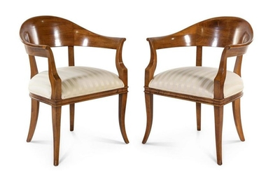 A Pair of Empire Style Walnut Barrel-Back Armchairs