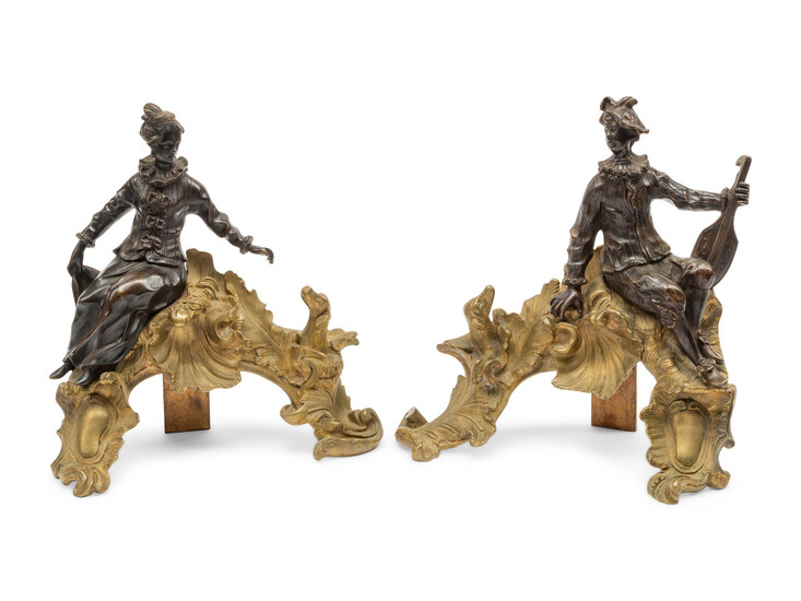A Pair of Louis XV Style Gilt and Patinated Bronze Figural Chenets