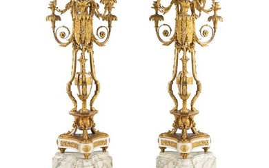 A Pair of Louis XVI Style Gilt Bronze and White Marble Ten-Light Candelabra